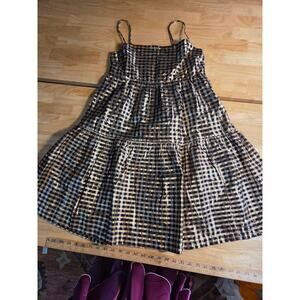 J. Crew Holiday Dress Gold Black Gingham Print Elastic Spaghetti Strap 8